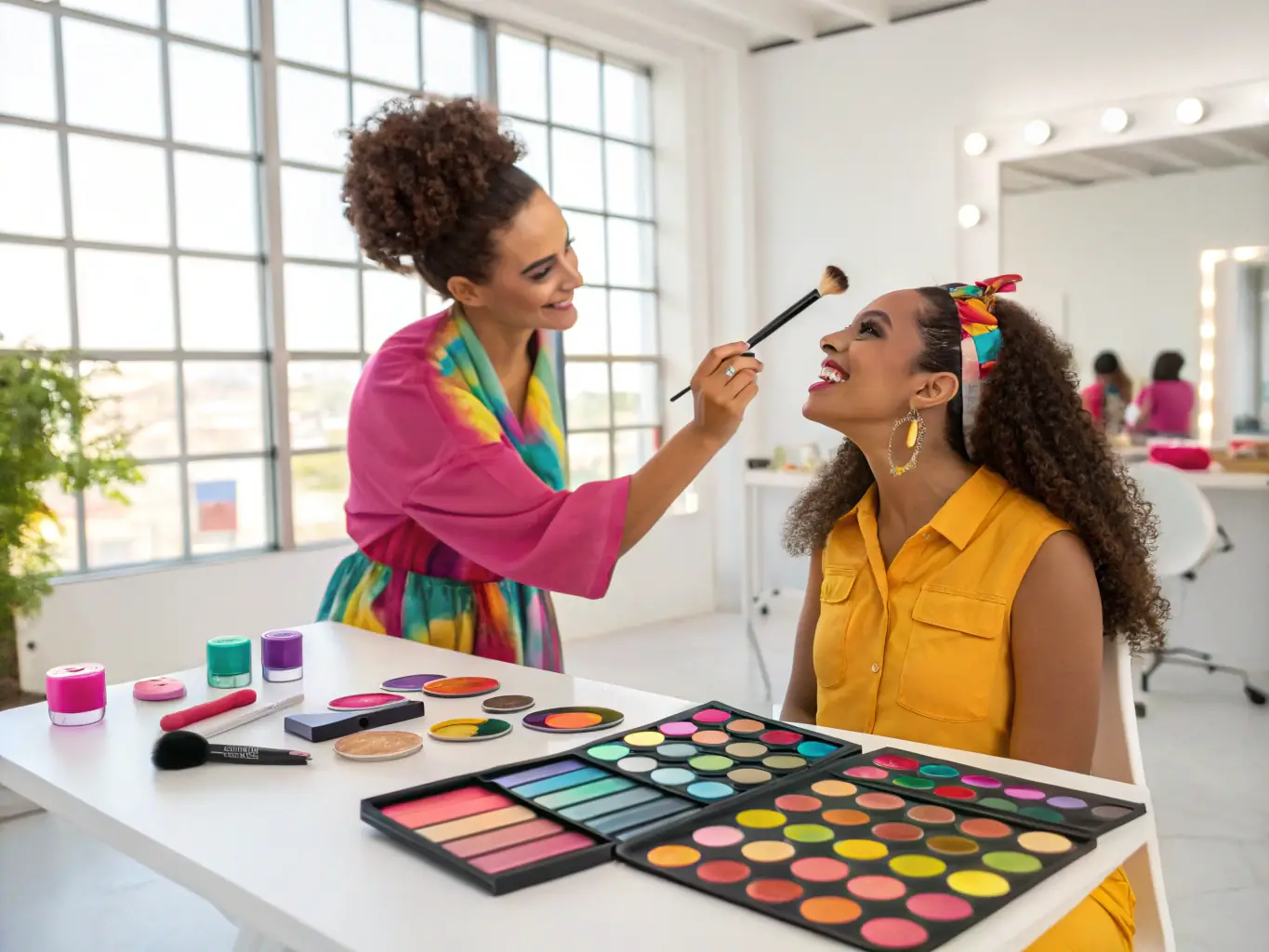 A professional makeup artist applying makeup to a client in a well-lit studio, focusing on the client's face and the artist's skilled hands.